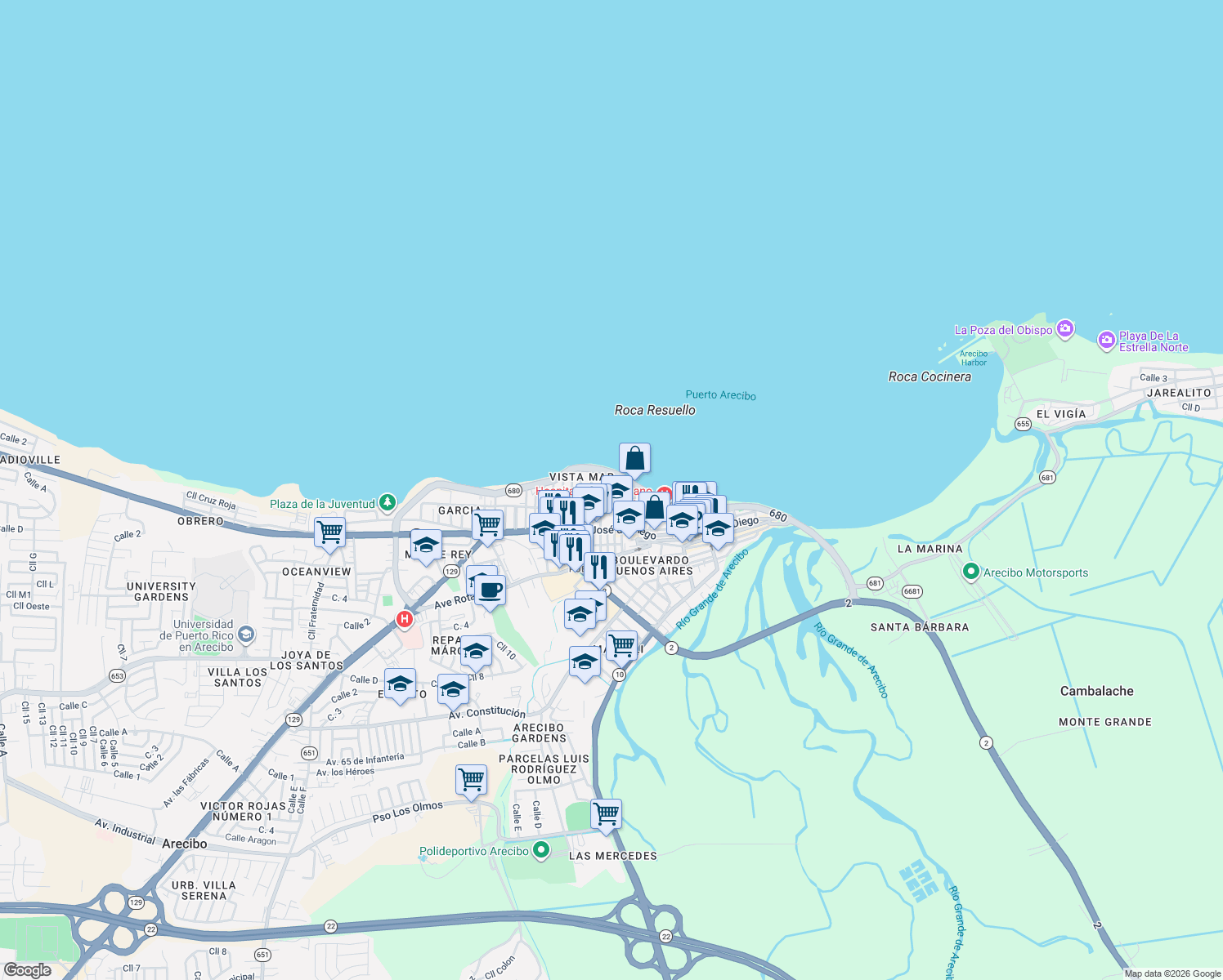 map of restaurants, bars, coffee shops, grocery stores, and more near Callel Manuel Perez Aviles in Arecibo