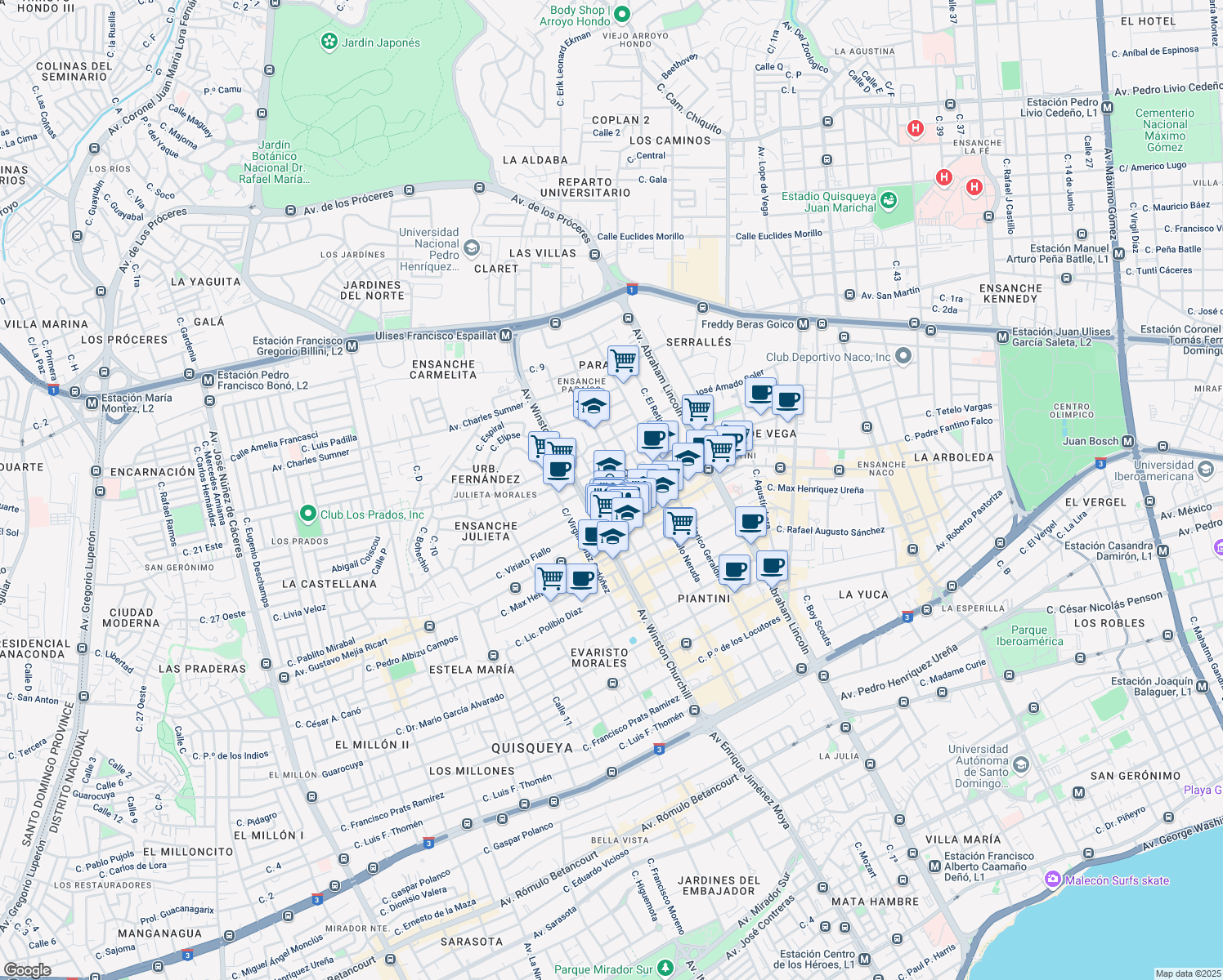map of restaurants, bars, coffee shops, grocery stores, and more near 26 Calle Hector Inchaustegui Cabral in Santo Domingo