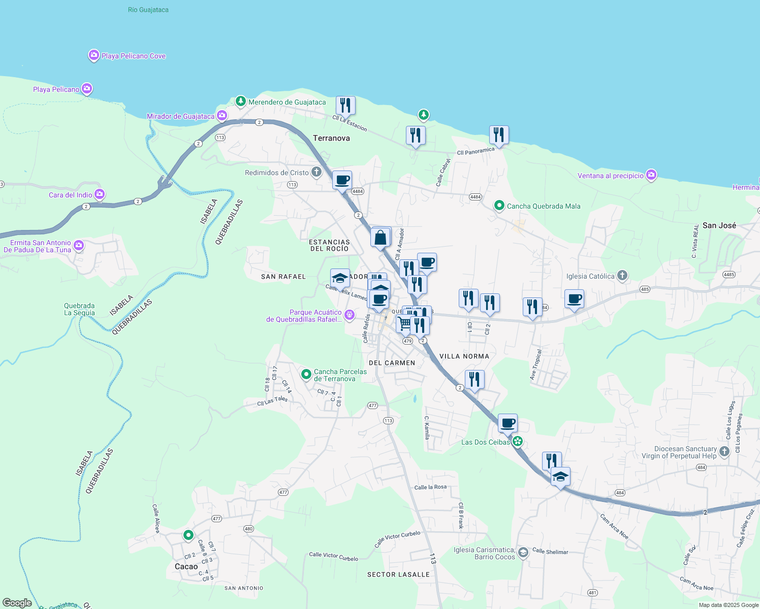map of restaurants, bars, coffee shops, grocery stores, and more near 485 in Quebradillas