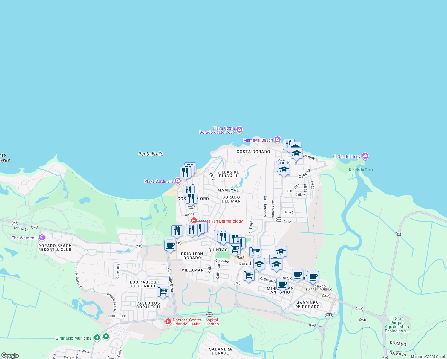 map of restaurants, bars, coffee shops, grocery stores, and more near Calle Madre Perla in Dorado
