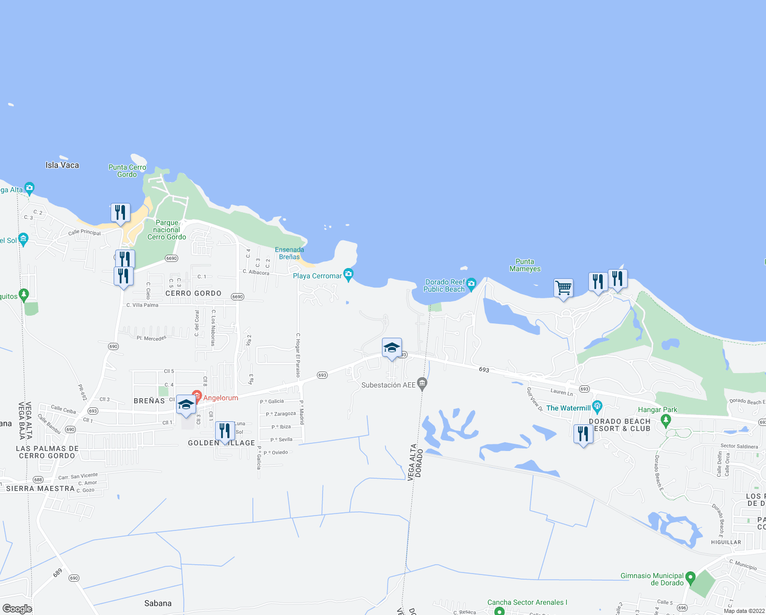 map of restaurants, bars, coffee shops, grocery stores, and more near 301 Puerto Rico 693 in Dorado