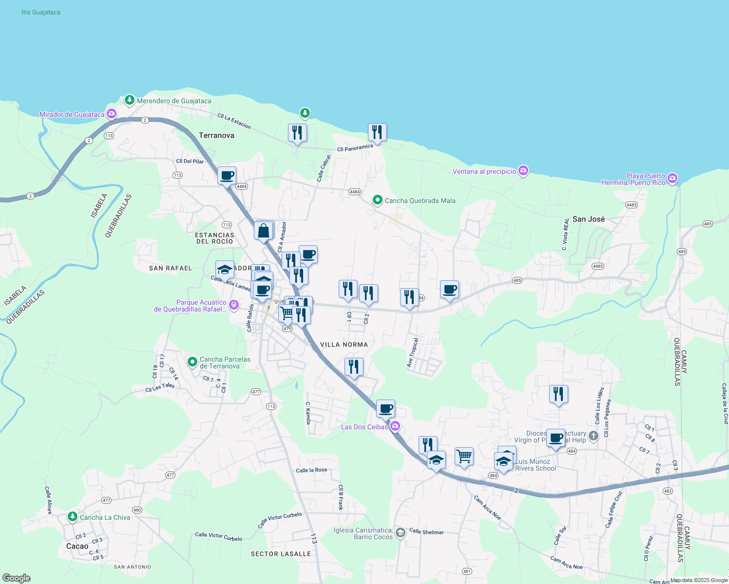 map of restaurants, bars, coffee shops, grocery stores, and more near Calle San Francisco in Quebradillas