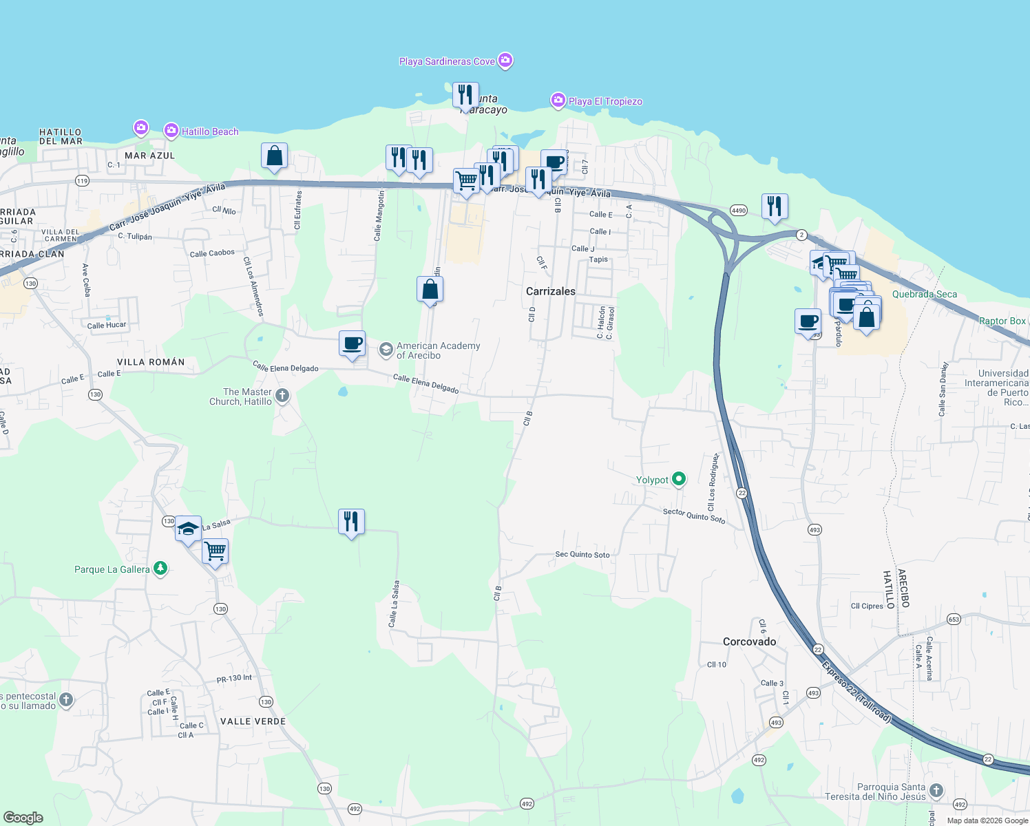 map of restaurants, bars, coffee shops, grocery stores, and more near in Hatillo