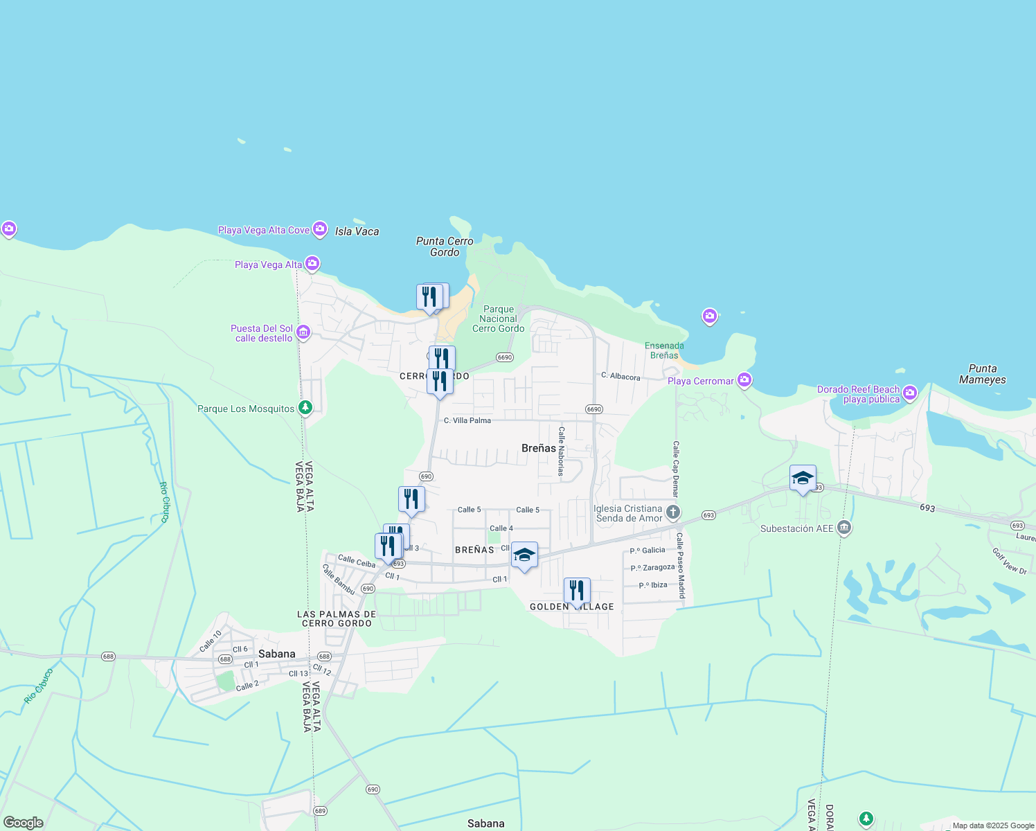 map of restaurants, bars, coffee shops, grocery stores, and more near in Sabana
