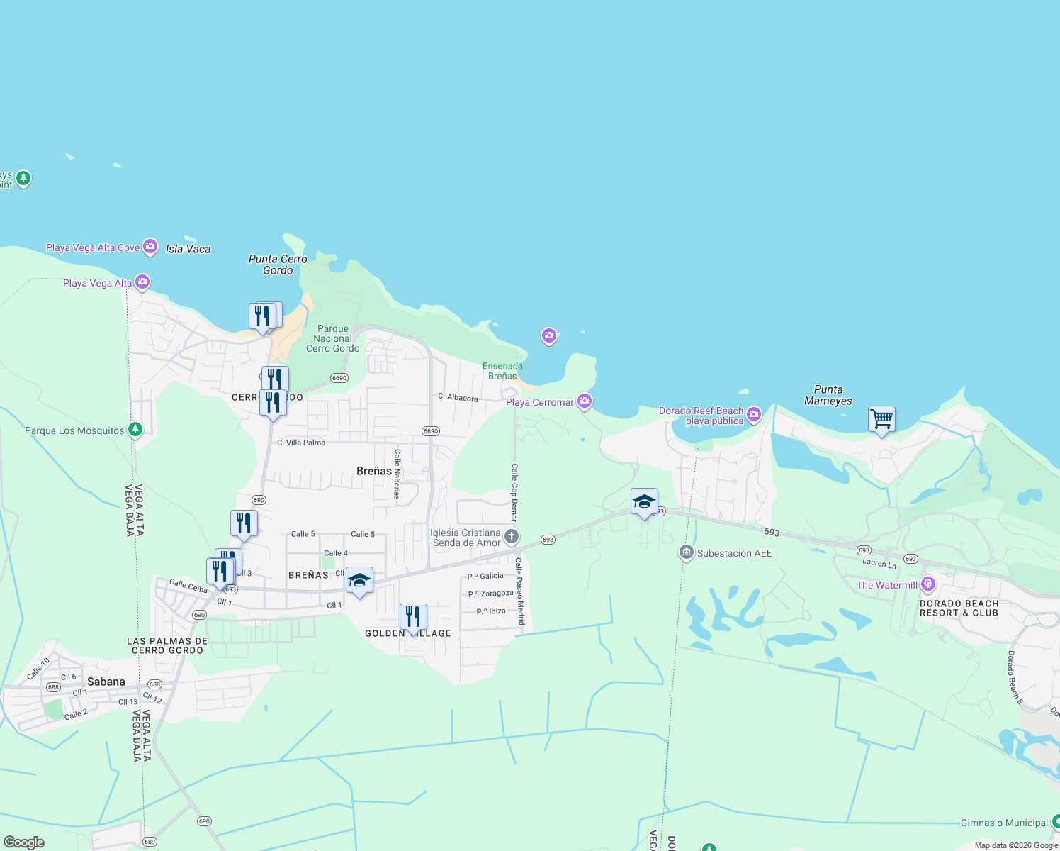 map of restaurants, bars, coffee shops, grocery stores, and more near in Sabana