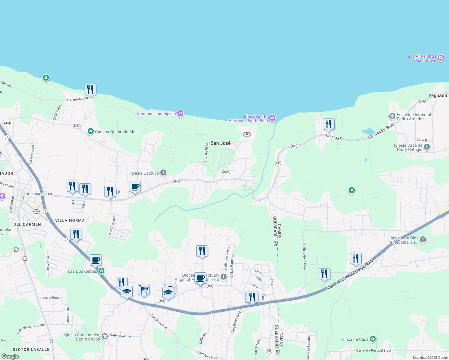 map of restaurants, bars, coffee shops, grocery stores, and more near 485 in Quebradillas