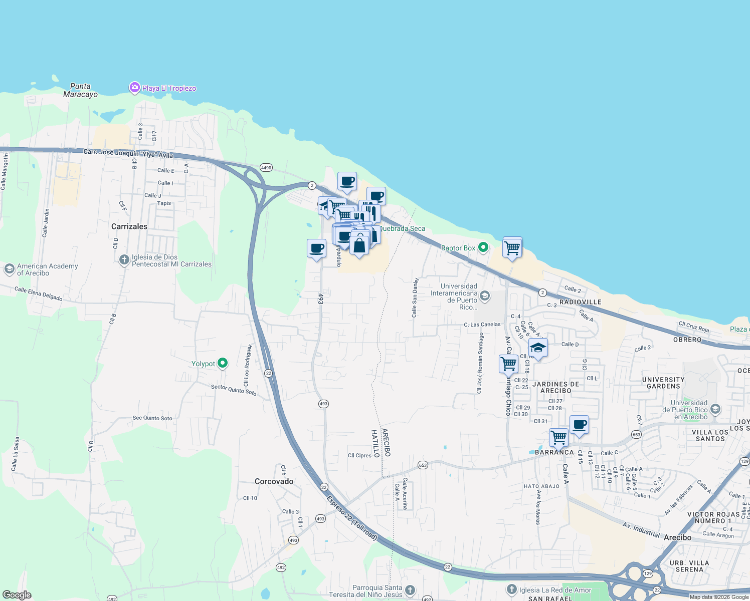 map of restaurants, bars, coffee shops, grocery stores, and more near in Corcovado