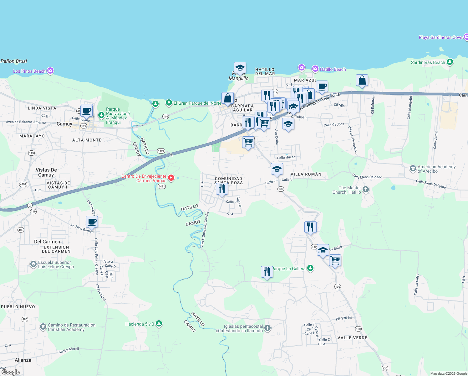 map of restaurants, bars, coffee shops, grocery stores, and more near Calle B in Hatillo