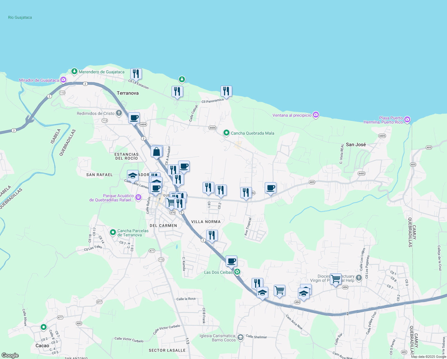 map of restaurants, bars, coffee shops, grocery stores, and more near Calle San Francisco in Terranova