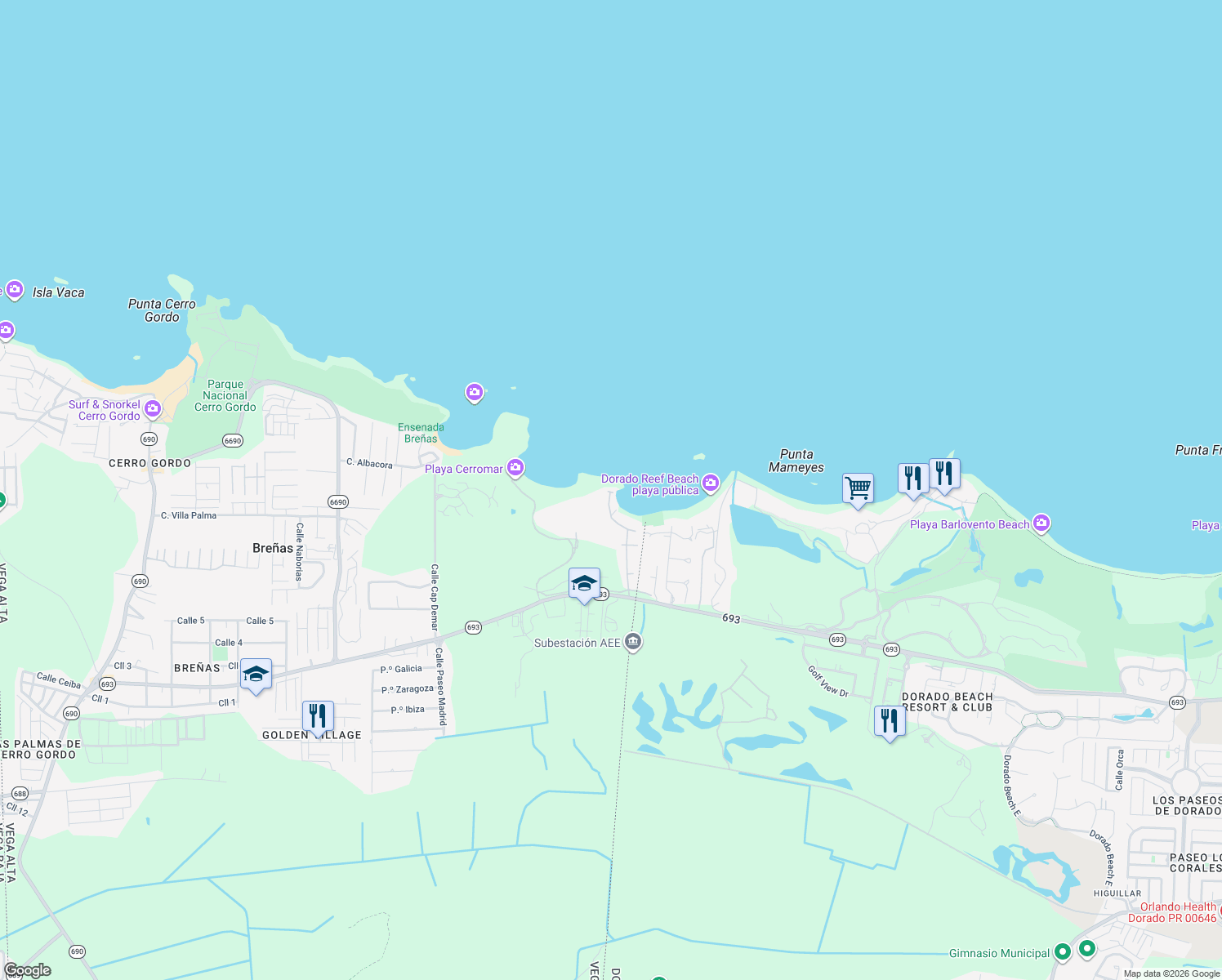 map of restaurants, bars, coffee shops, grocery stores, and more near Calle Arrecife in Dorado