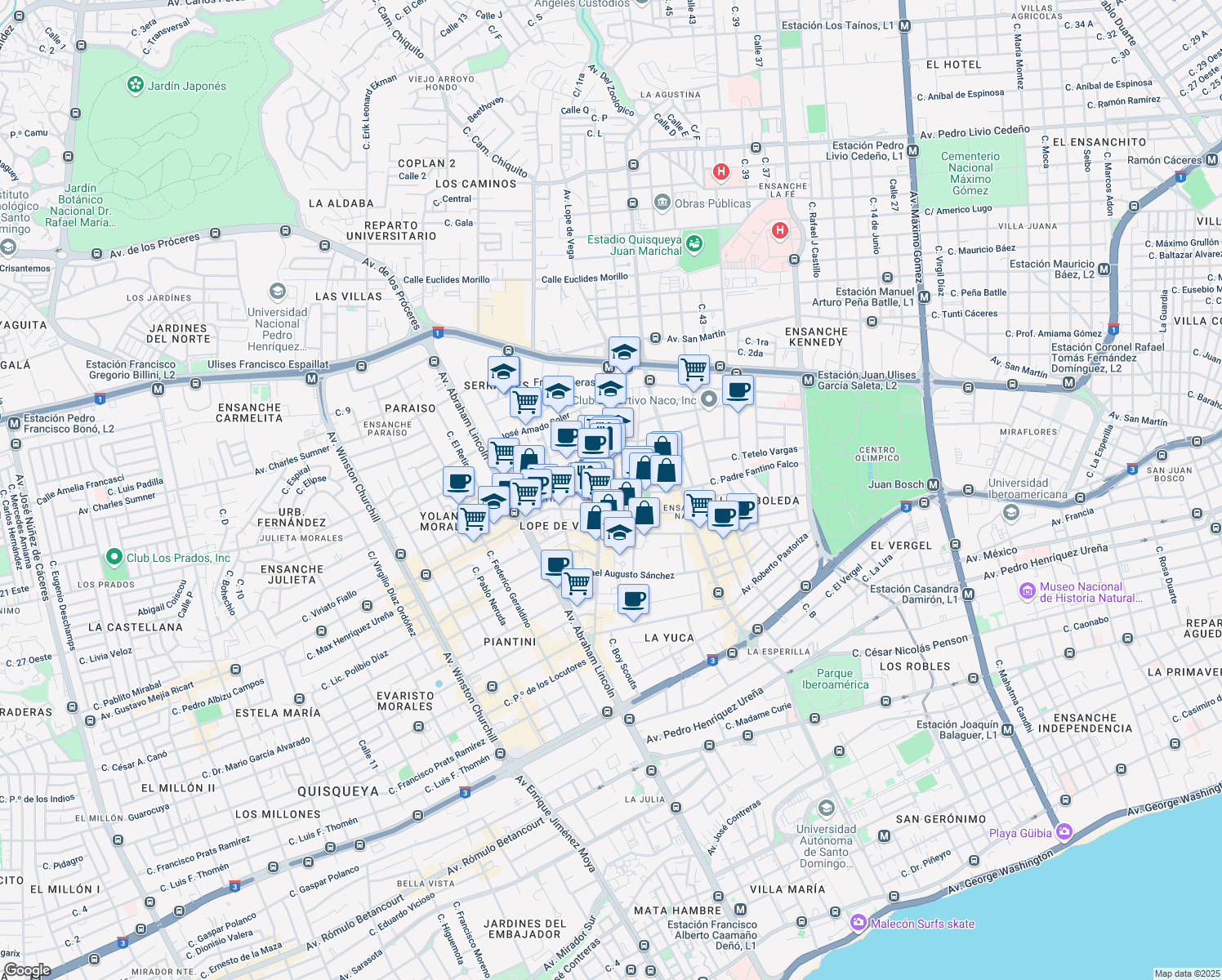 map of restaurants, bars, coffee shops, grocery stores, and more near Calle Padre Fantino Falco in Santo Domingo