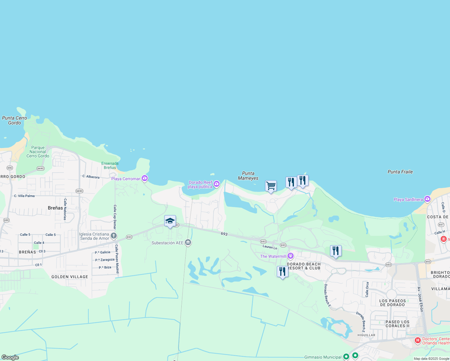 map of restaurants, bars, coffee shops, grocery stores, and more near Rockefeller Nature Trail in Dorado
