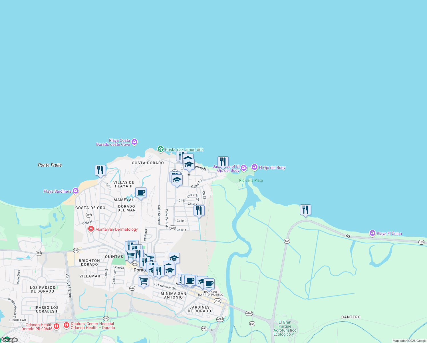 map of restaurants, bars, coffee shops, grocery stores, and more near 113 Calle Kennedy in Dorado