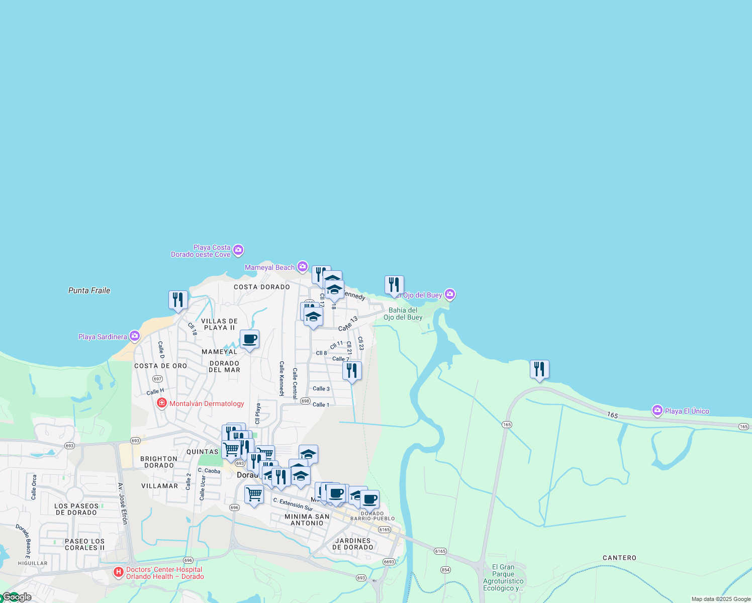 map of restaurants, bars, coffee shops, grocery stores, and more near 113 Calle Kennedy in Dorado