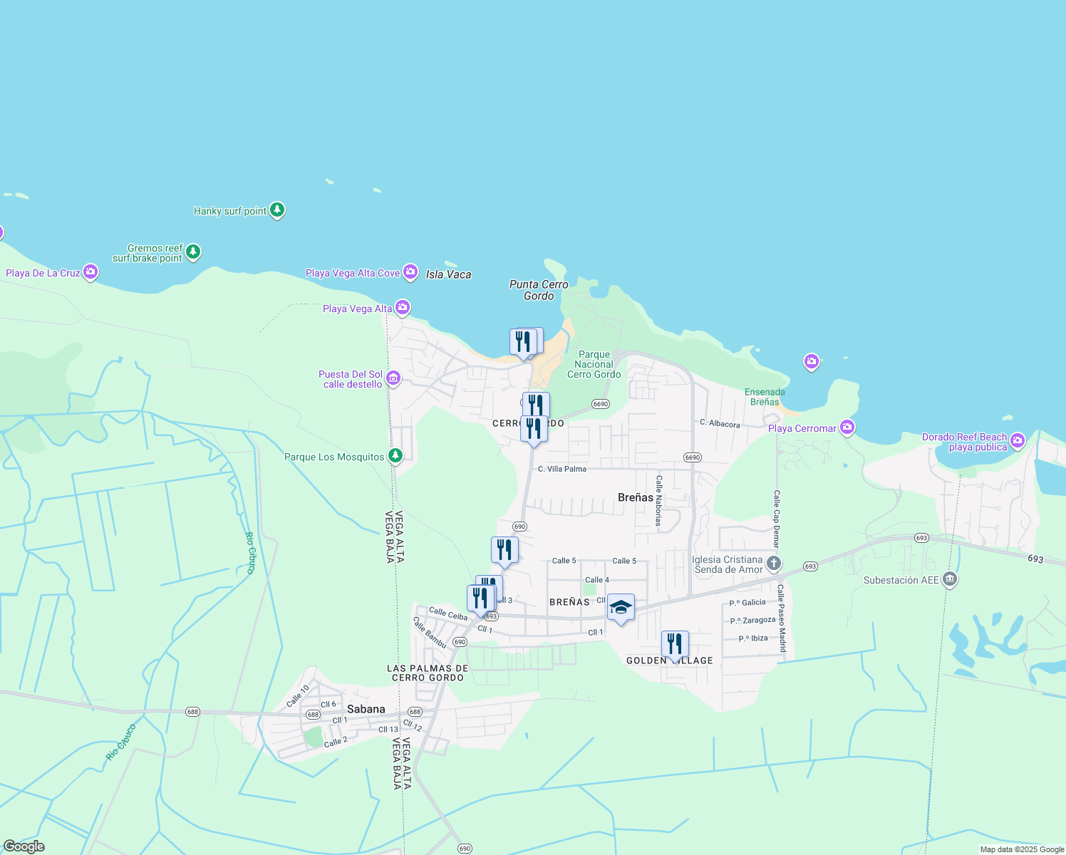 map of restaurants, bars, coffee shops, grocery stores, and more near Puerto Rico 6690 in Dorado