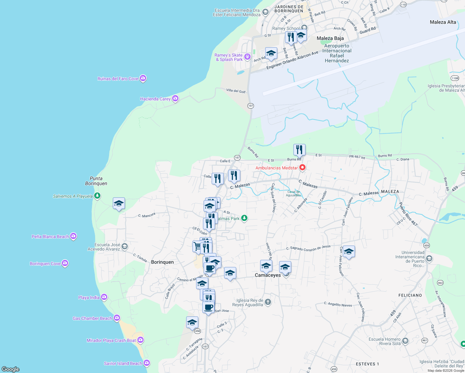 map of restaurants, bars, coffee shops, grocery stores, and more near in Aguadilla