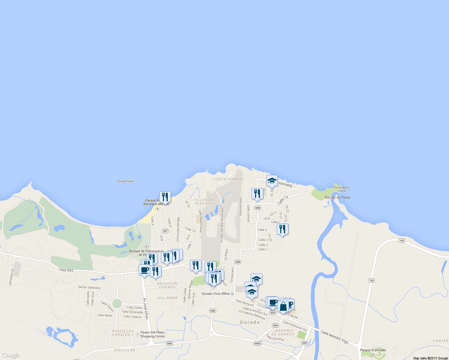 map of restaurants, bars, coffee shops, grocery stores, and more near Calle Costa Dorada in Dorado