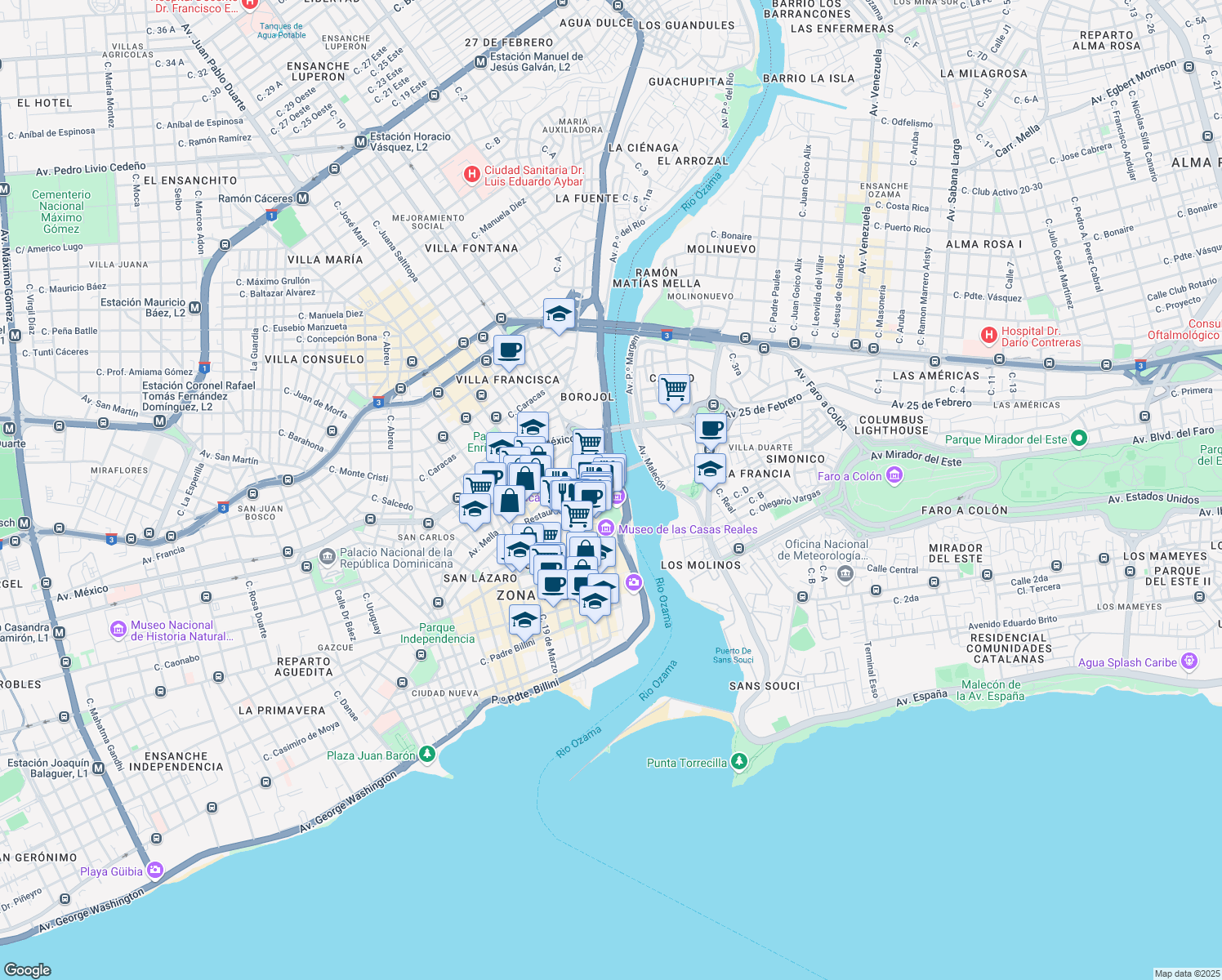 map of restaurants, bars, coffee shops, grocery stores, and more near Calle La Atarazana in Santo Domingo