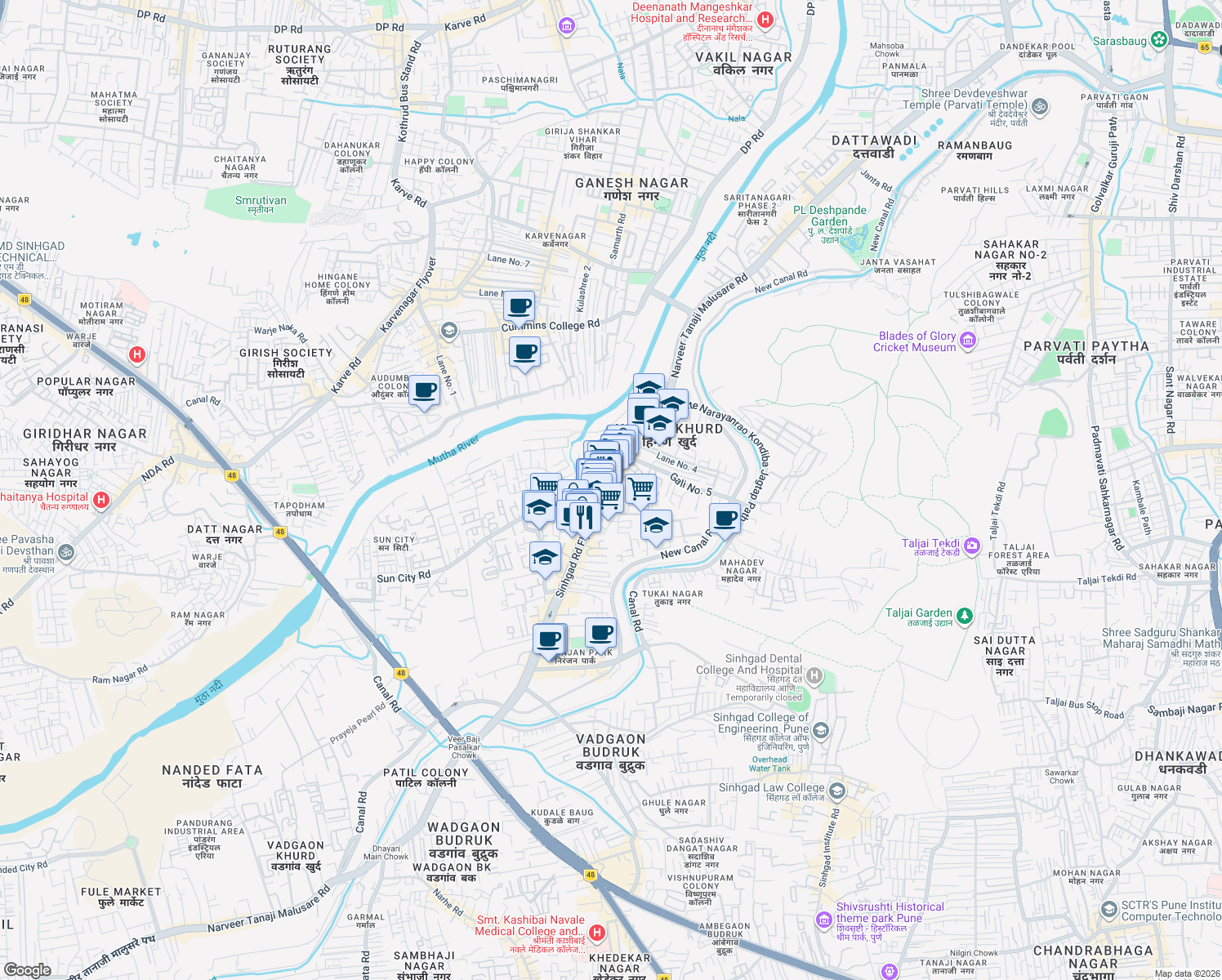 map of restaurants, bars, coffee shops, grocery stores, and more near Narveer Tanaji Malusare Road in Pune