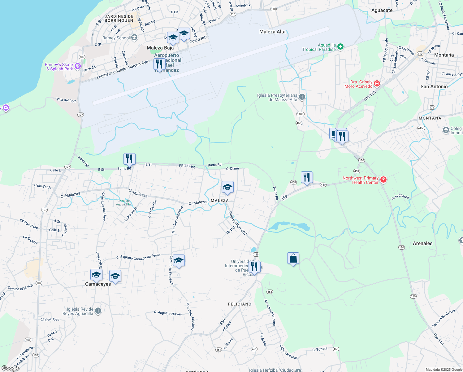 map of restaurants, bars, coffee shops, grocery stores, and more near Paseo Del Parque in Aguadilla