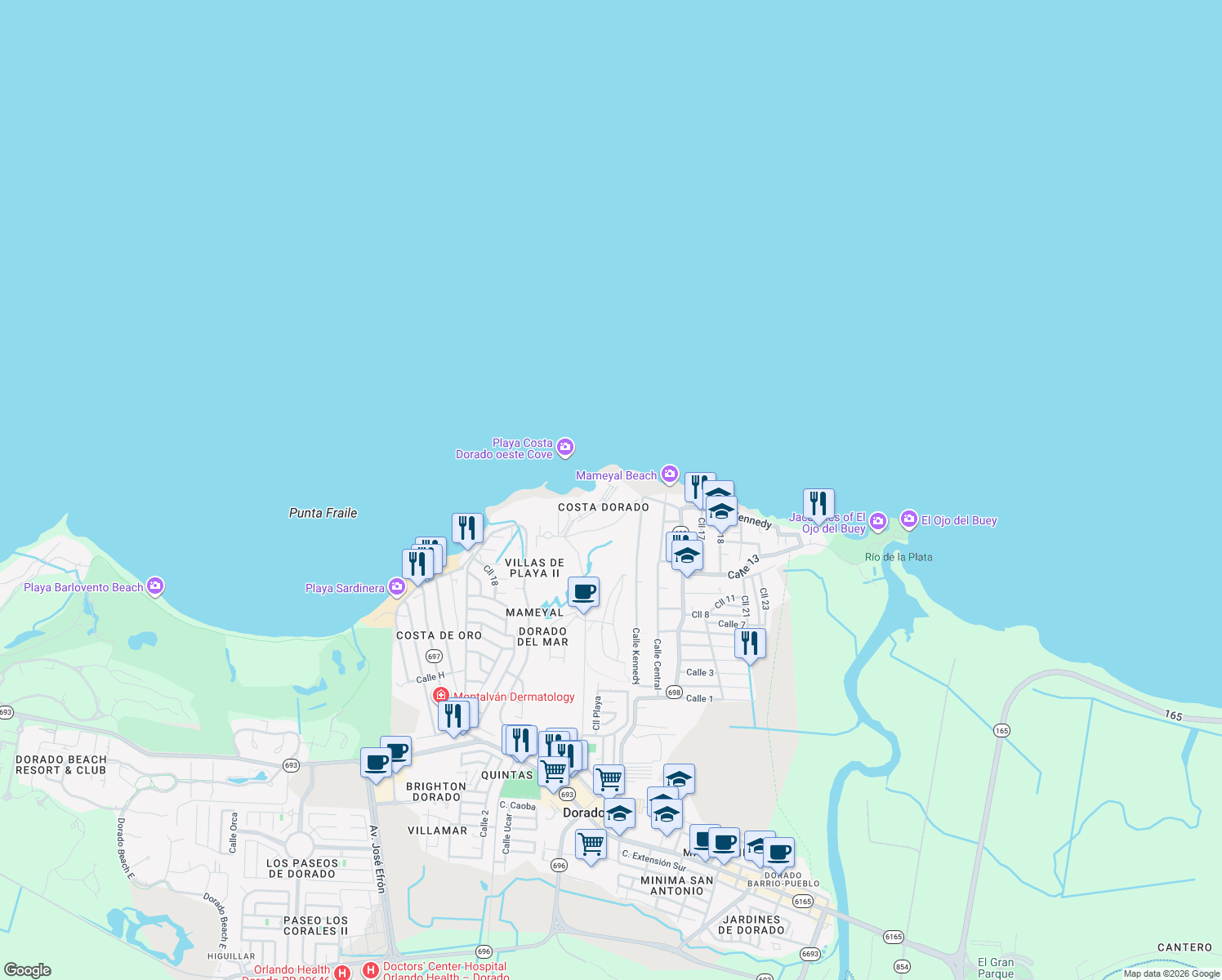 map of restaurants, bars, coffee shops, grocery stores, and more near 36 Calle Costa Dorada in Dorado