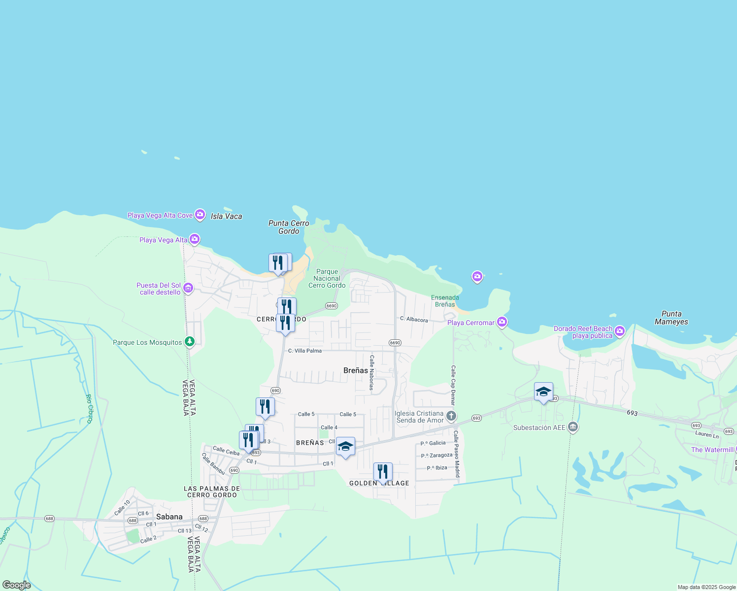 map of restaurants, bars, coffee shops, grocery stores, and more near Calle Amber in Dorado