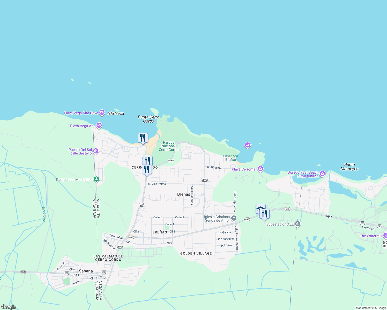 map of restaurants, bars, coffee shops, grocery stores, and more near Calle Amber in Dorado