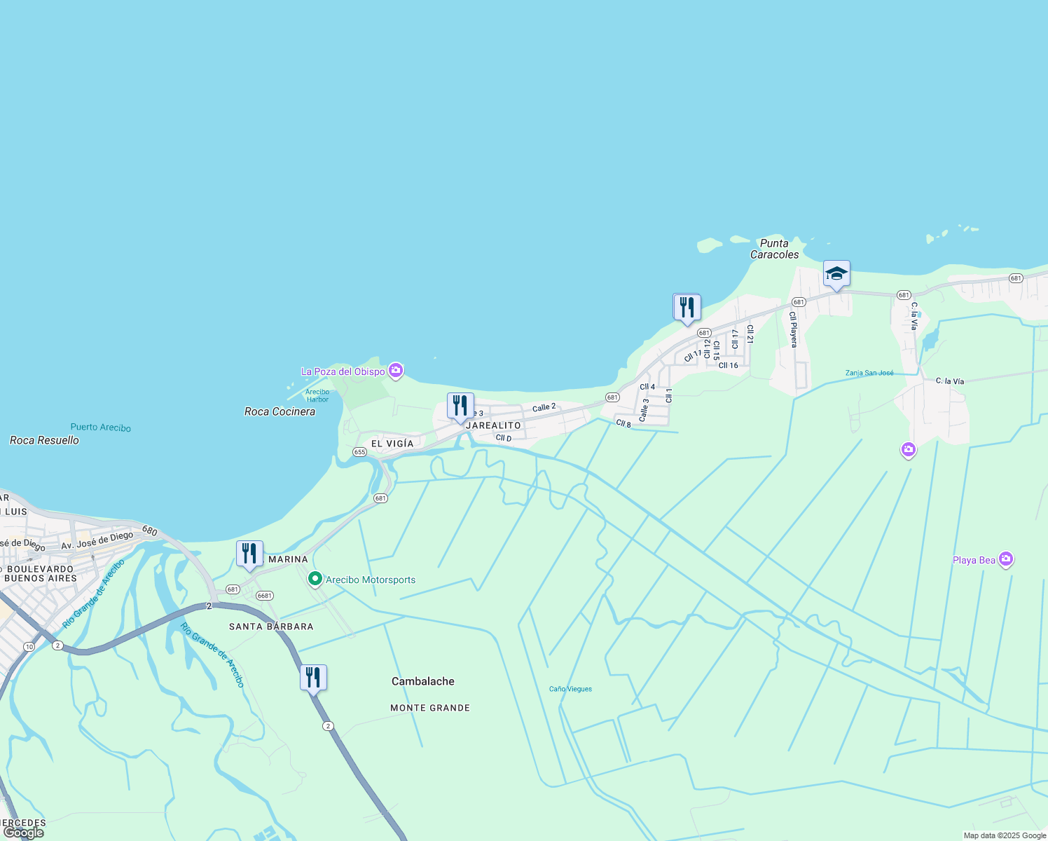 map of restaurants, bars, coffee shops, grocery stores, and more near Puerto Rico 681 in Arecibo