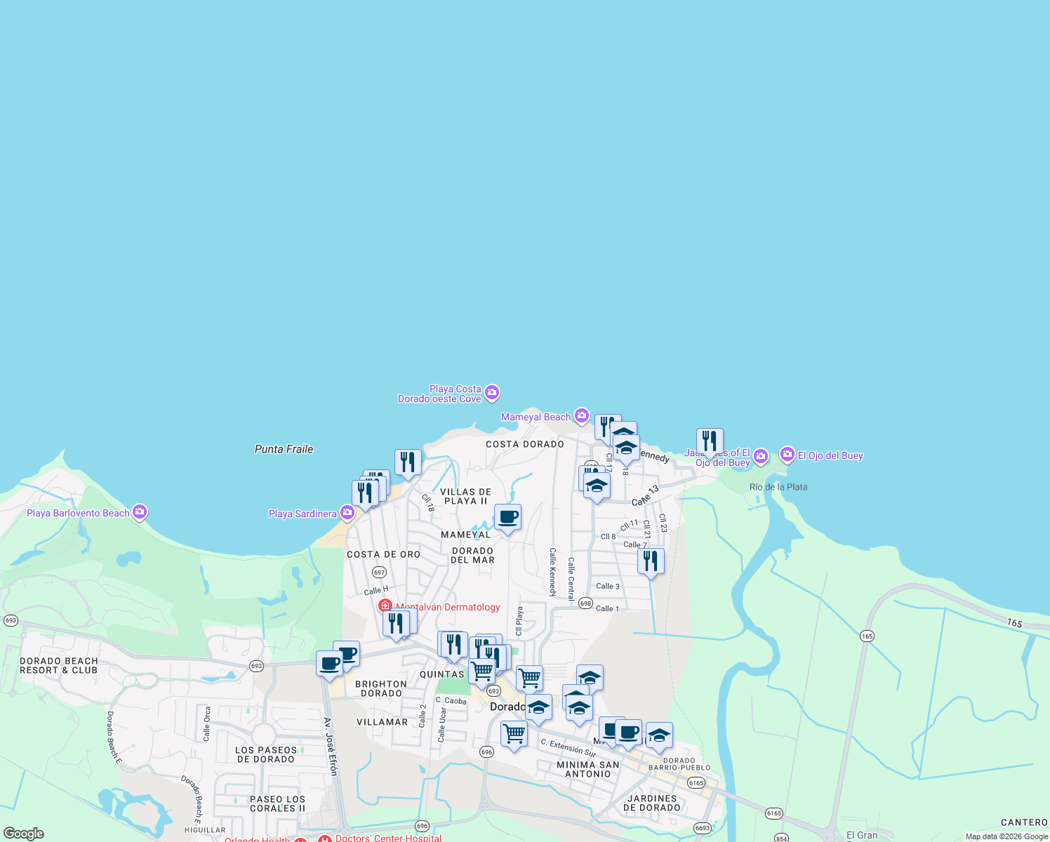 map of restaurants, bars, coffee shops, grocery stores, and more near 36 Calle Costa Dorada in Dorado