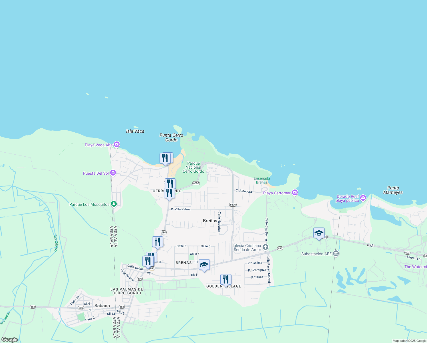 map of restaurants, bars, coffee shops, grocery stores, and more near PR-6690 in Dorado