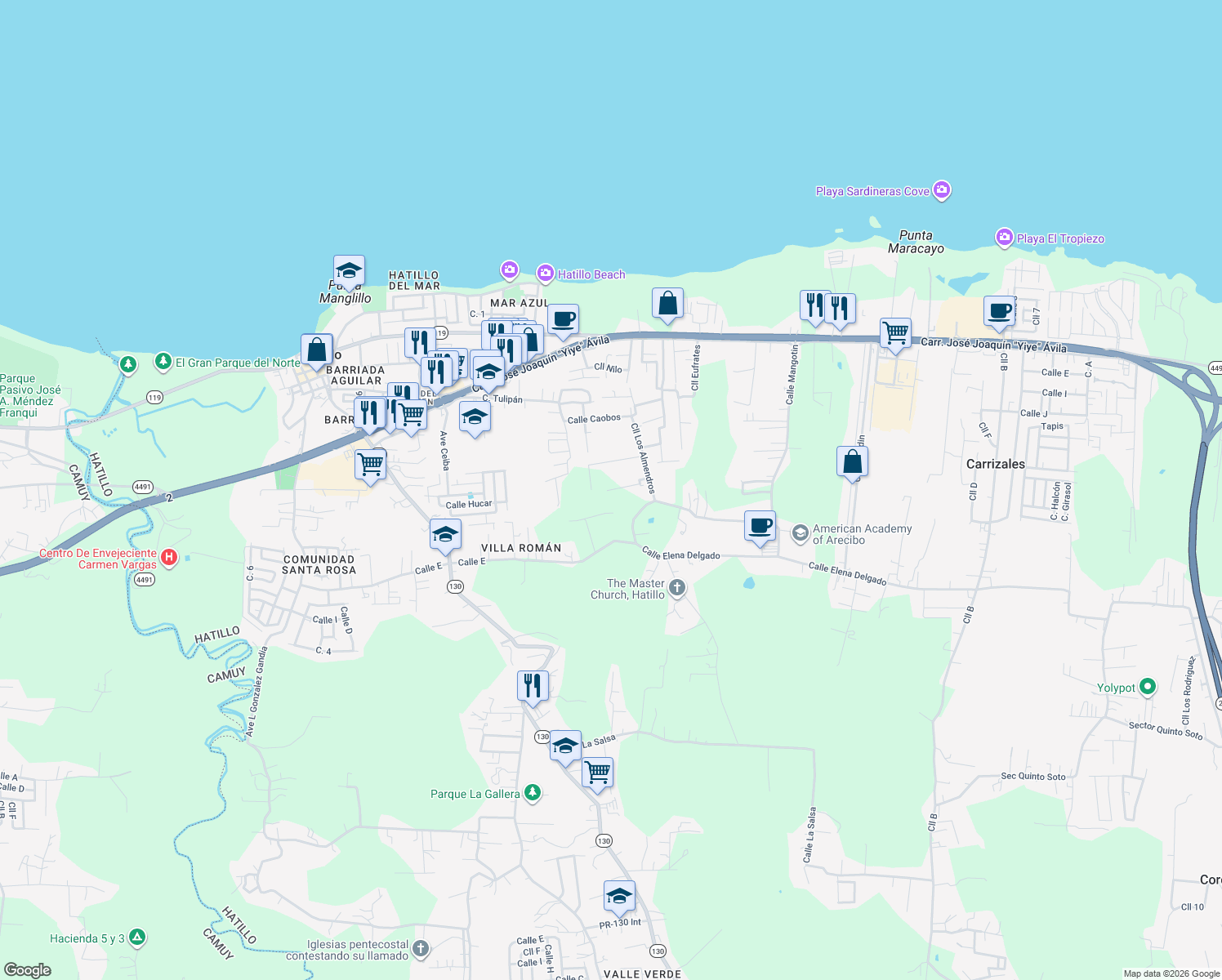 map of restaurants, bars, coffee shops, grocery stores, and more near Calle Violeta in Hatillo