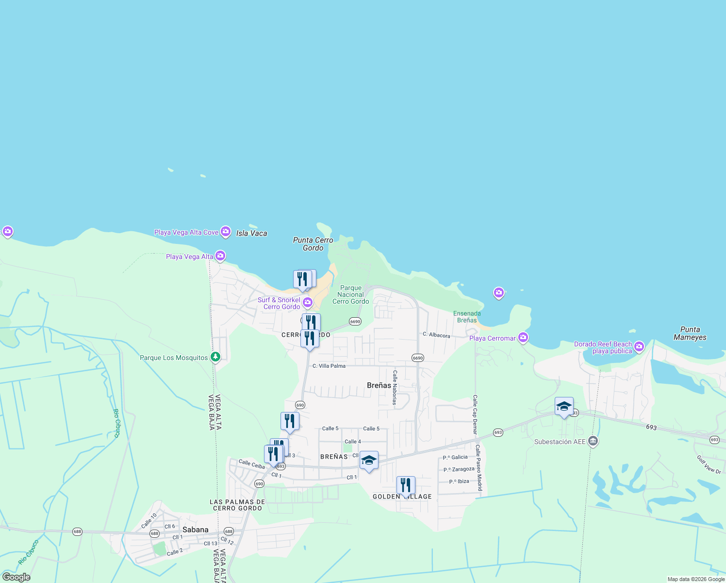 map of restaurants, bars, coffee shops, grocery stores, and more near Puerto Rico 6690 in Dorado