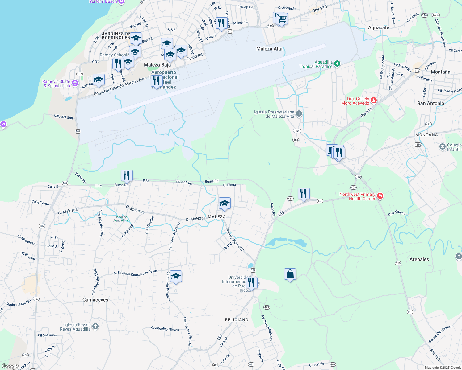map of restaurants, bars, coffee shops, grocery stores, and more near Paseo Del Parque in Aguadilla