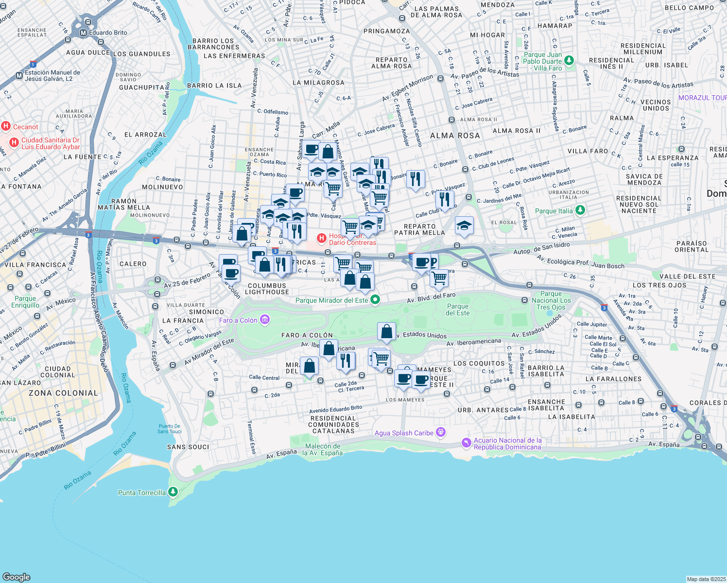 map of restaurants, bars, coffee shops, grocery stores, and more near Calle Primera in Santo Domingo Este