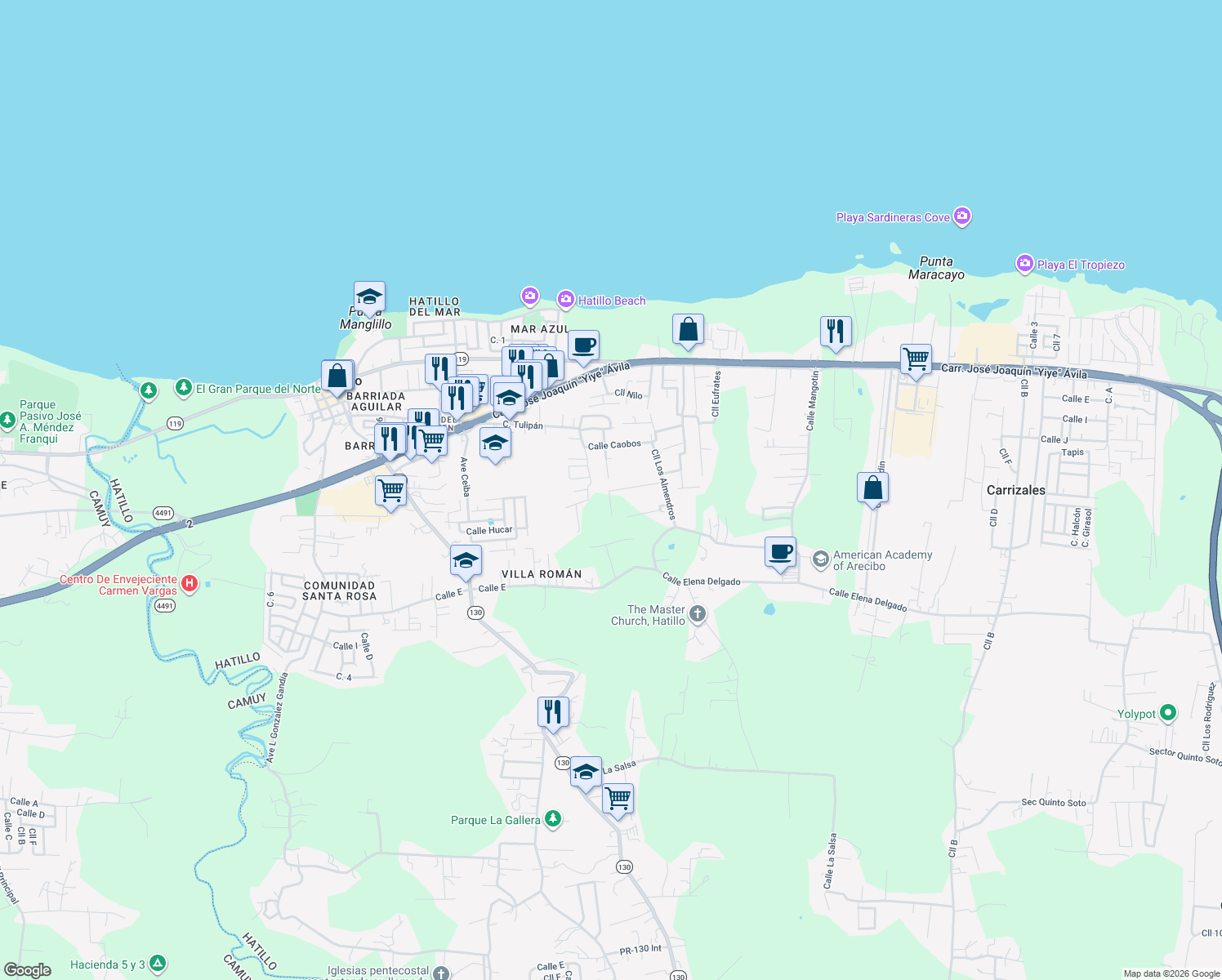 map of restaurants, bars, coffee shops, grocery stores, and more near Calle Violeta in Hatillo