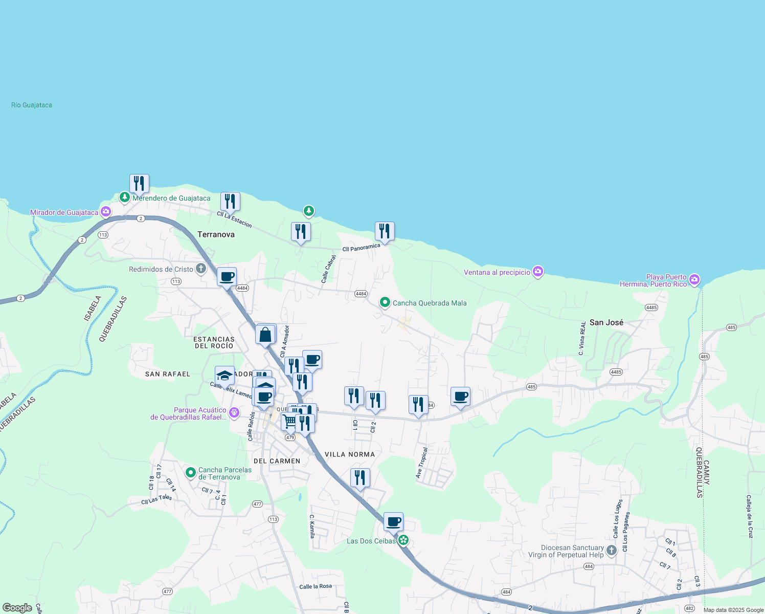 map of restaurants, bars, coffee shops, grocery stores, and more near in Cacao
