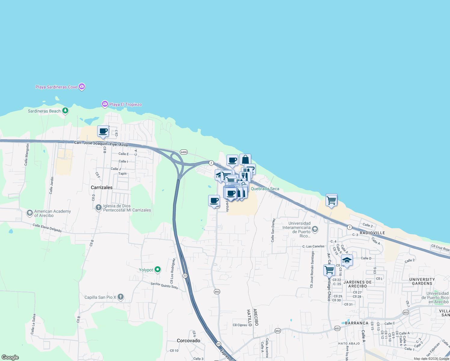 map of restaurants, bars, coffee shops, grocery stores, and more near Calle Parlo Párdulo in Arecibo