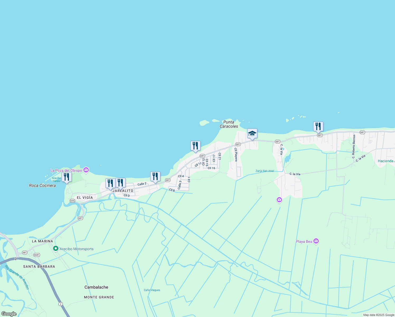 map of restaurants, bars, coffee shops, grocery stores, and more near Calle 12 in Arecibo