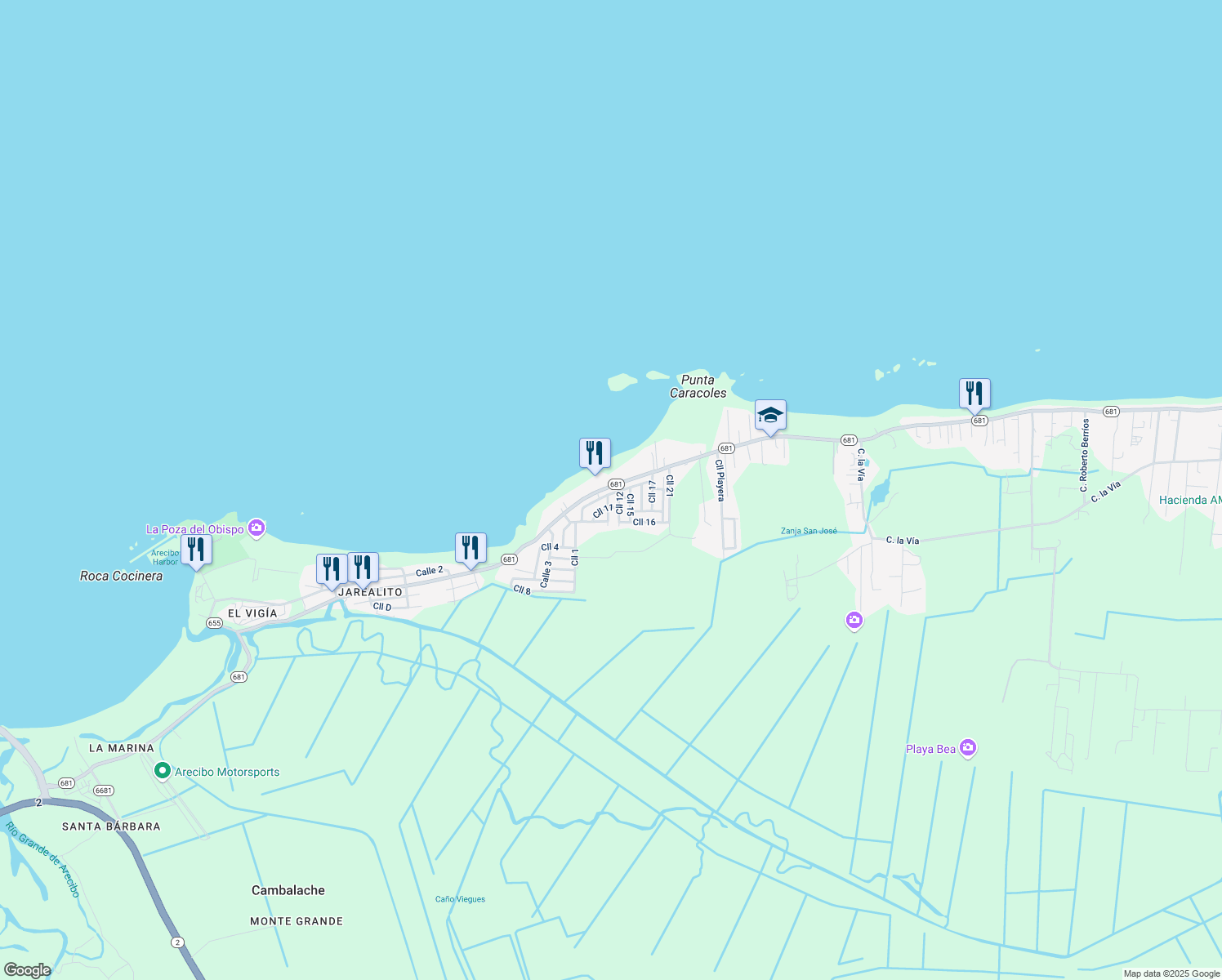 map of restaurants, bars, coffee shops, grocery stores, and more near Calle 12 in Arecibo