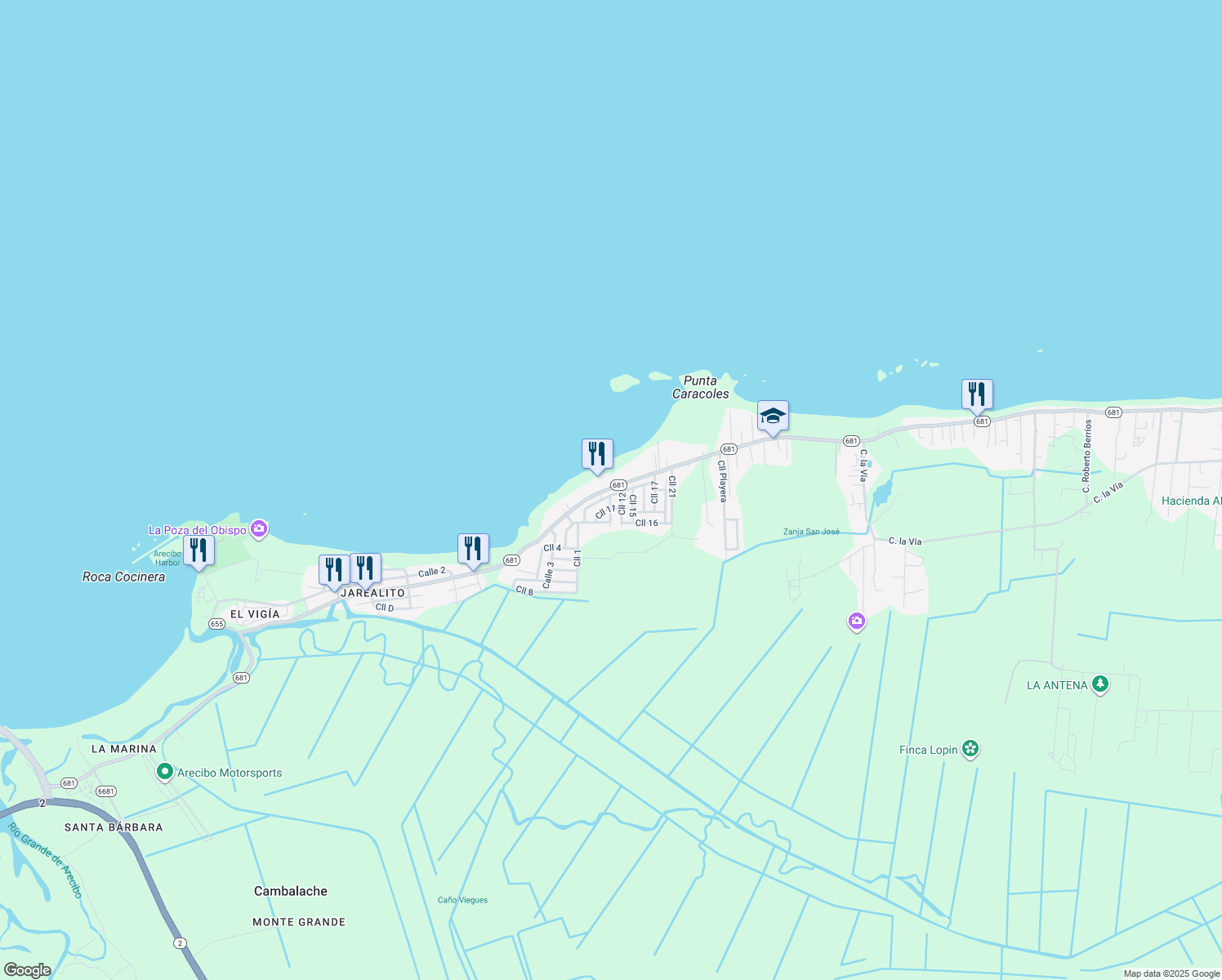 map of restaurants, bars, coffee shops, grocery stores, and more near Puerto Rico 2 in Arecibo