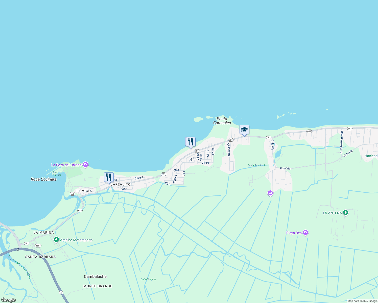 map of restaurants, bars, coffee shops, grocery stores, and more near Puerto Rico 681 in Arecibo