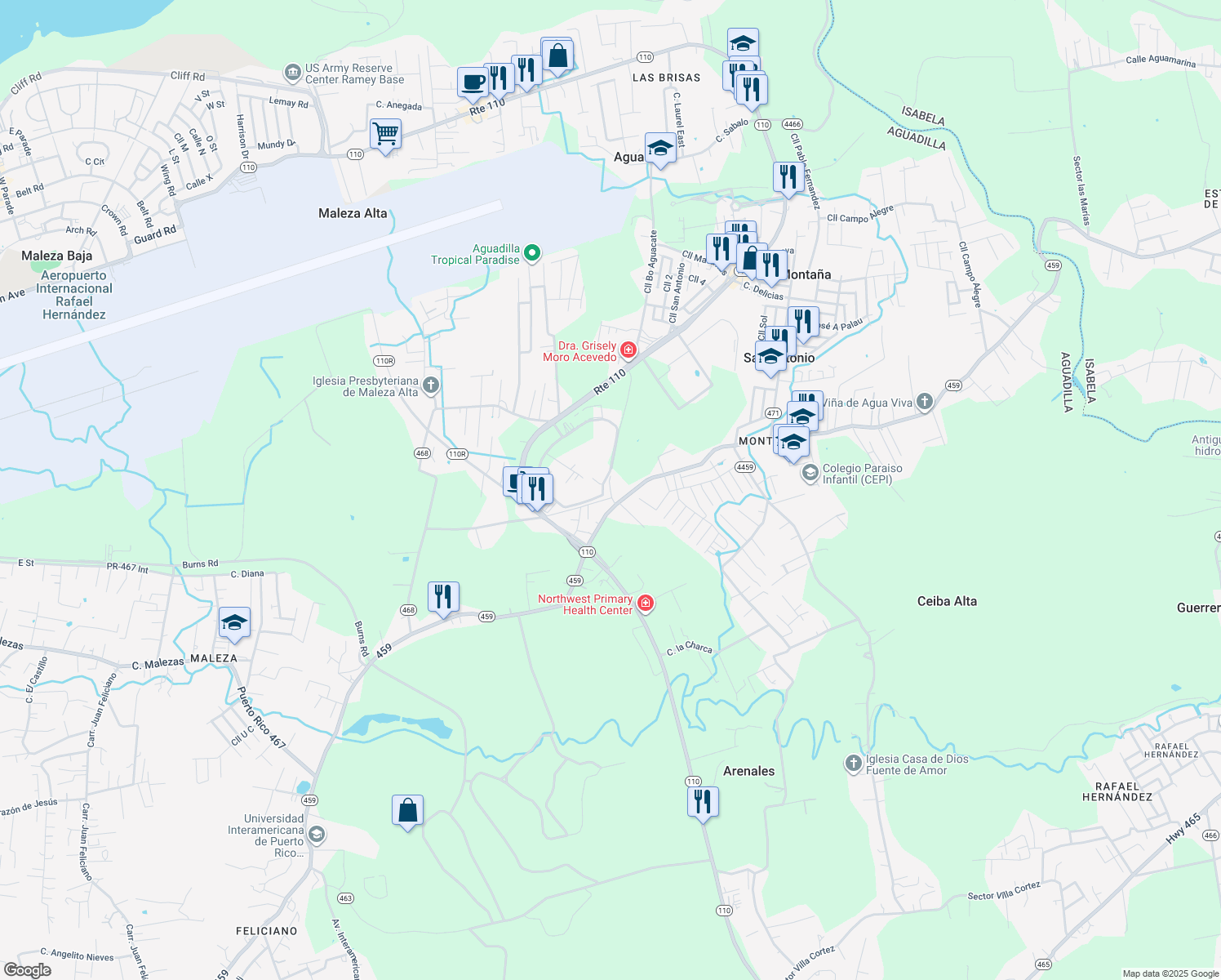 map of restaurants, bars, coffee shops, grocery stores, and more near Calle Bo Aguacate in Aguadilla