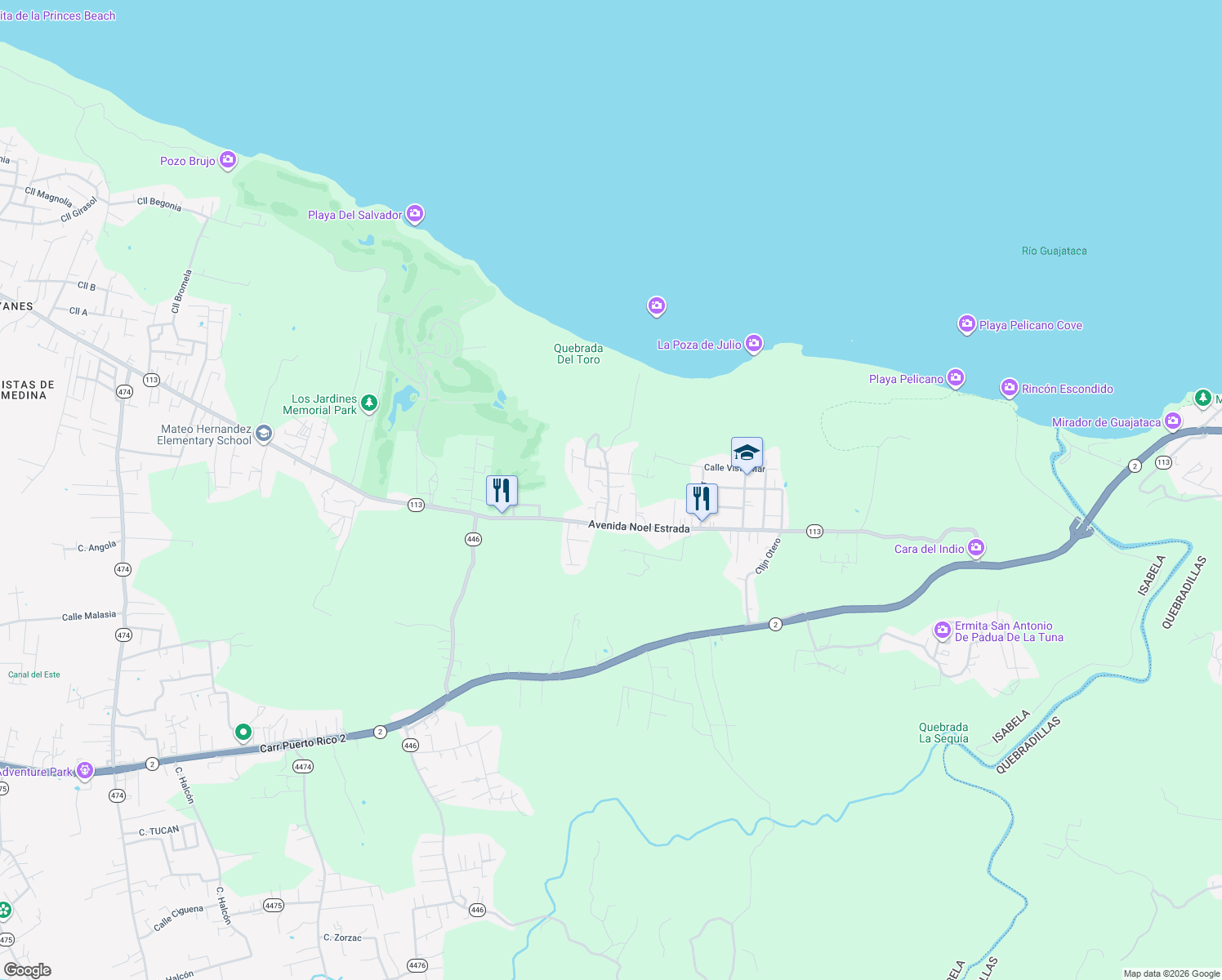 map of restaurants, bars, coffee shops, grocery stores, and more near 14 Sector El Pastillo in Isabela