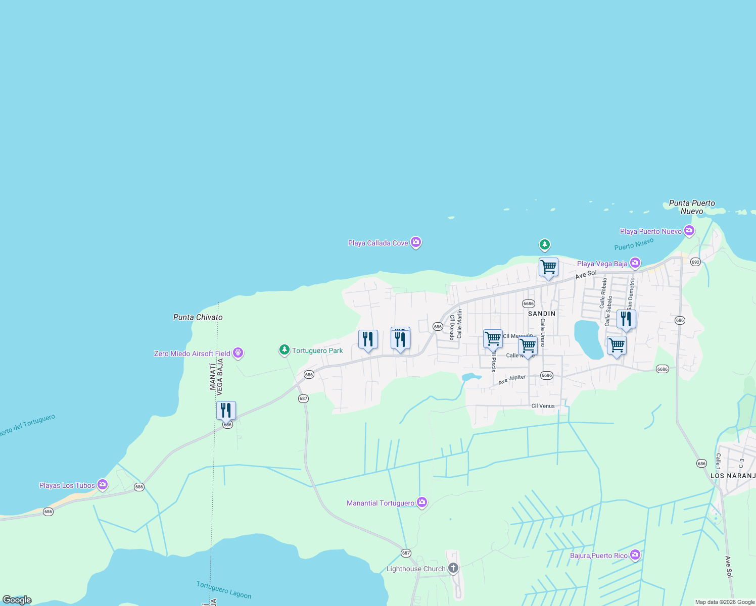 map of restaurants, bars, coffee shops, grocery stores, and more near Calle Índico in Yeguada