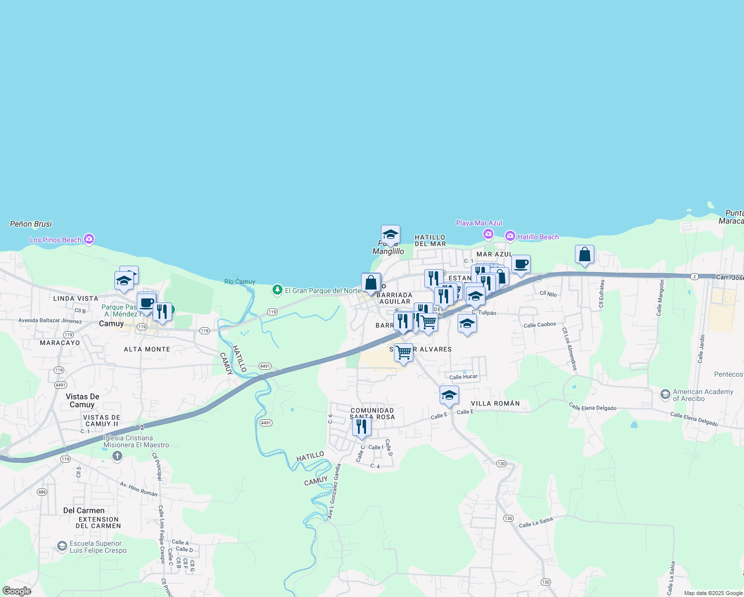 map of restaurants, bars, coffee shops, grocery stores, and more near in Hatillo