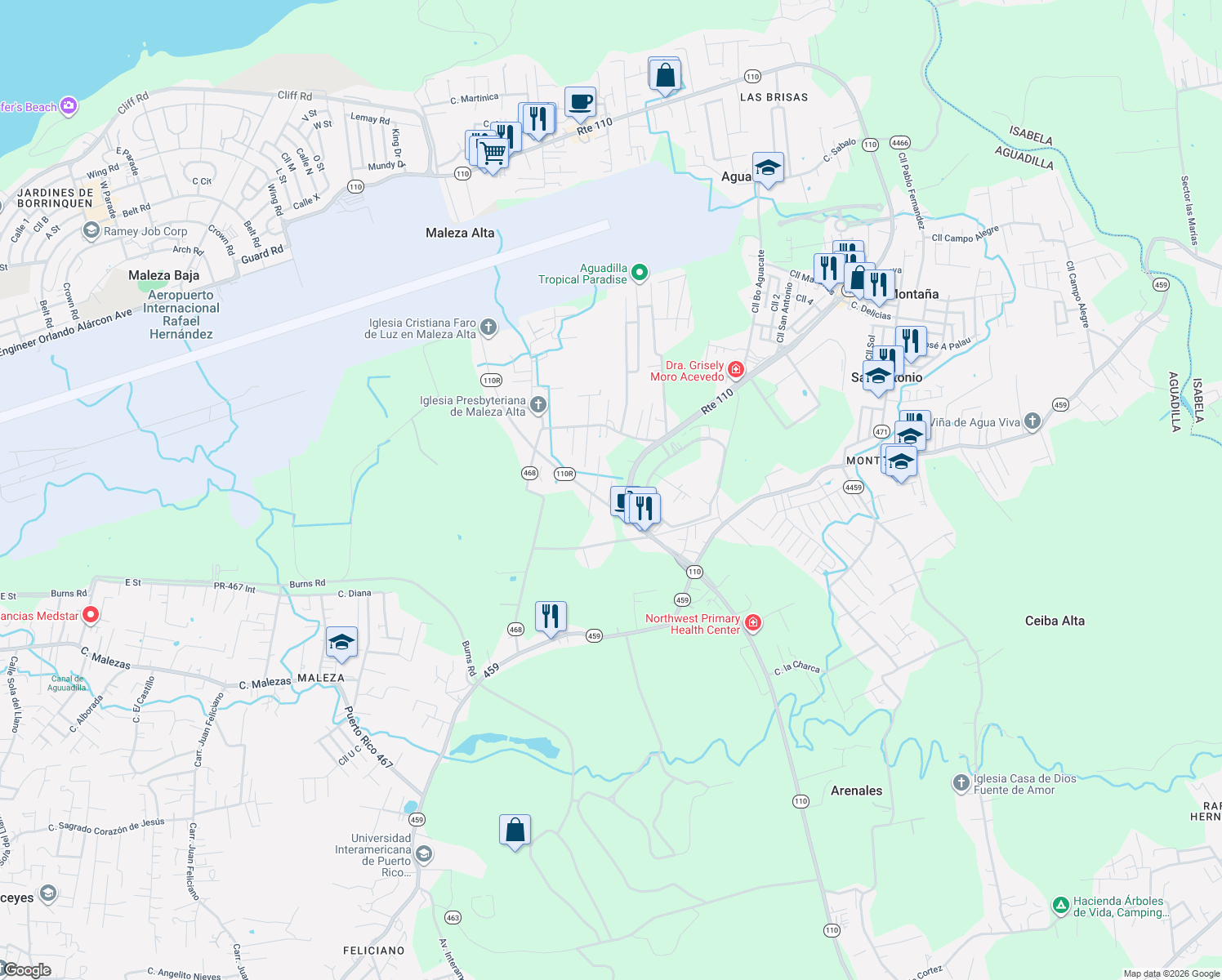 map of restaurants, bars, coffee shops, grocery stores, and more near Puerto Rico 110R in Aguadilla Pueblo
