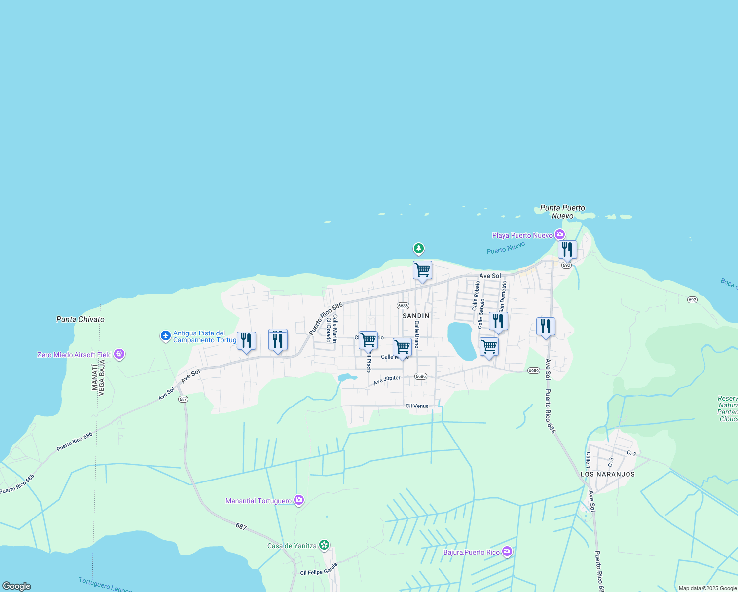 map of restaurants, bars, coffee shops, grocery stores, and more near Avenue Sol in Vega Baja