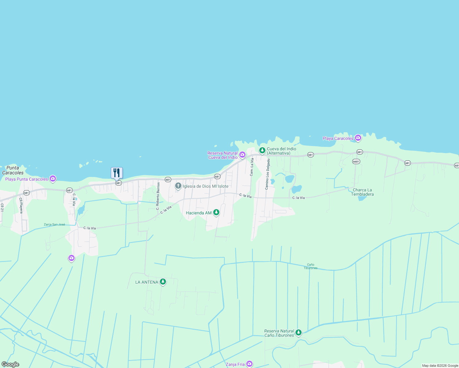 map of restaurants, bars, coffee shops, grocery stores, and more near Calle Los Nieves in Arecibo