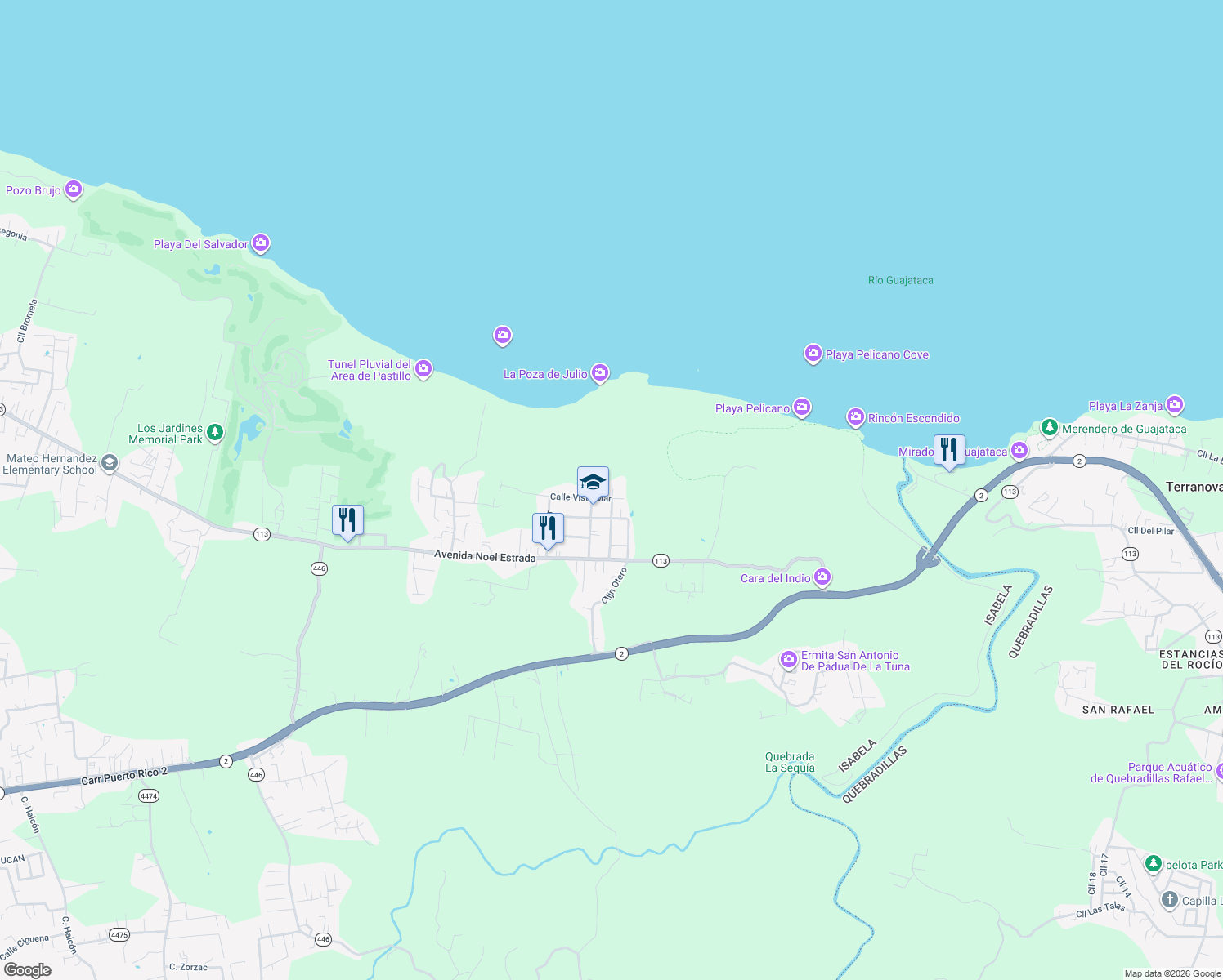 map of restaurants, bars, coffee shops, grocery stores, and more near 33 Calle Vista Mar in Isabela
