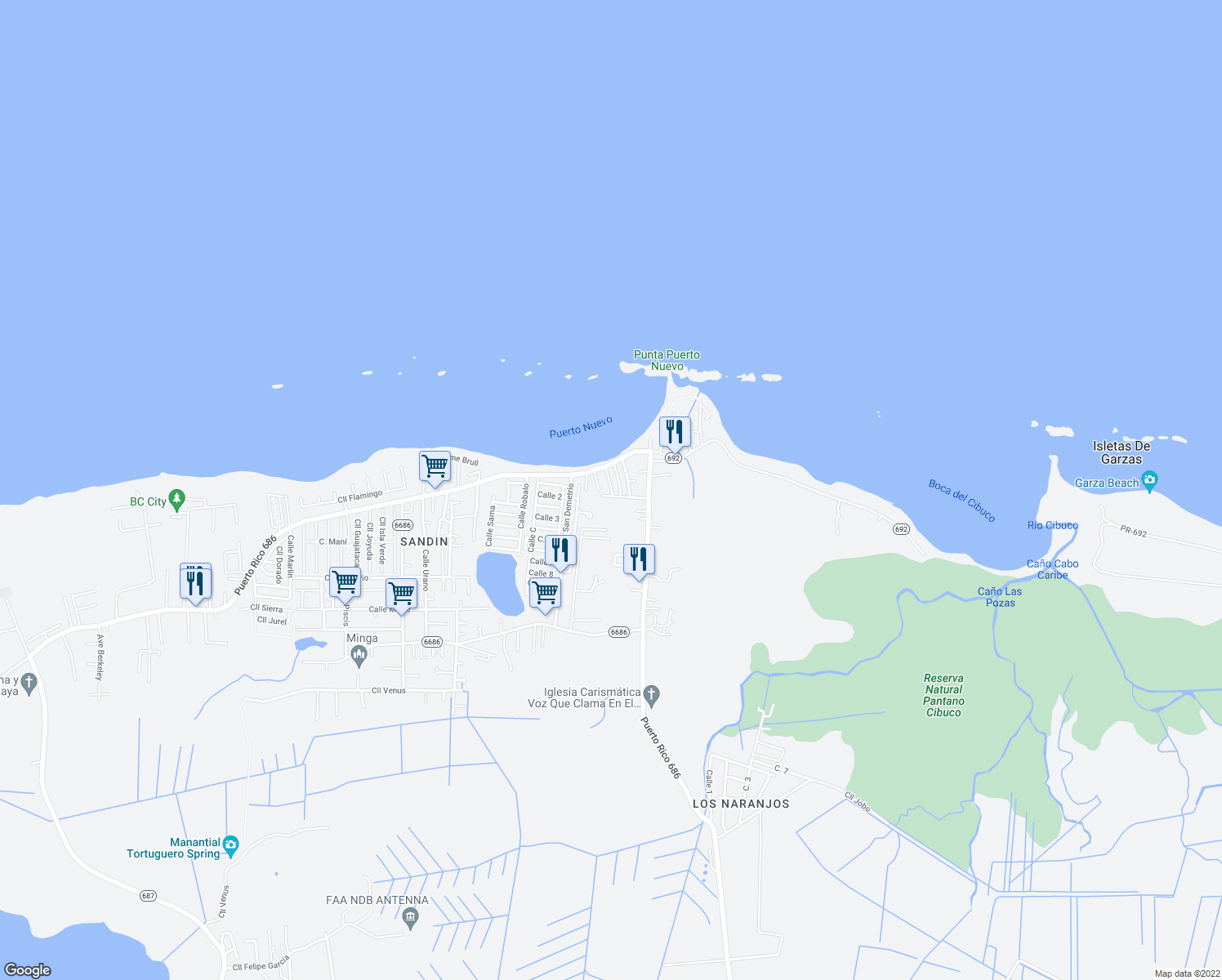 map of restaurants, bars, coffee shops, grocery stores, and more near Calle Roca Mar in Vega Baja